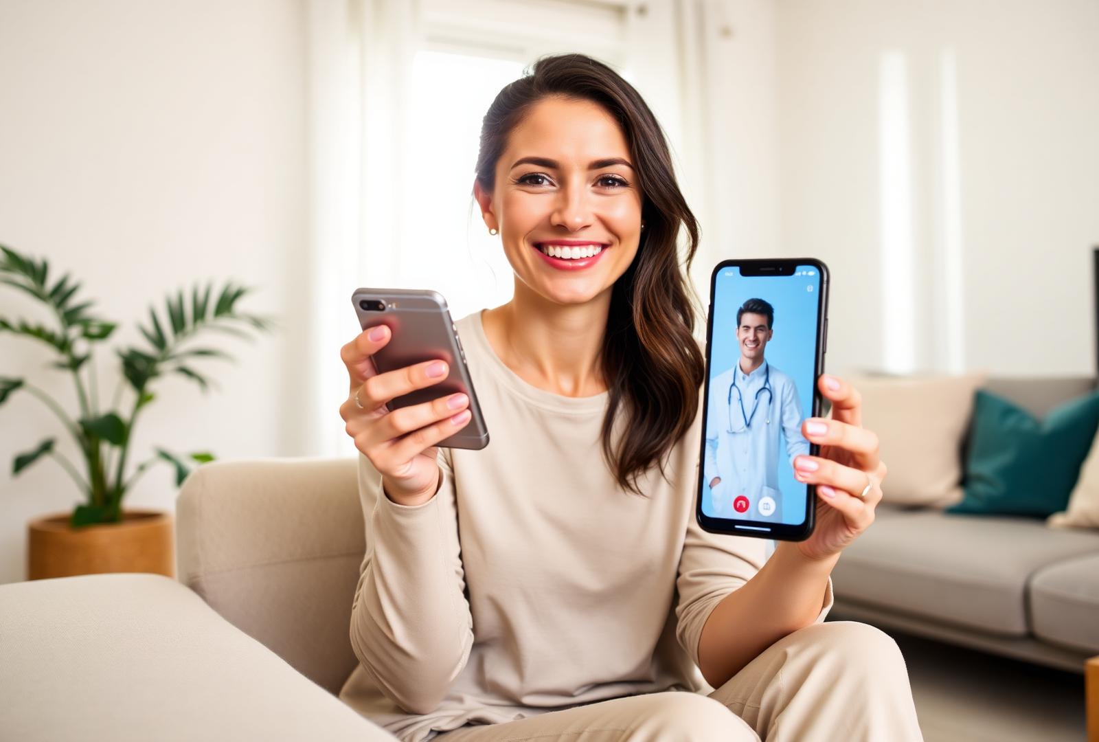 A woman on her sofa speaking with a clinician during a video visit